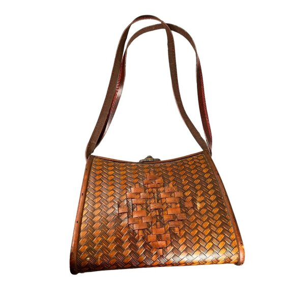 Unbranded Handbags - Vintage Wooden & Woven Leather Handbag Purse Brass Latch Hinges Straps